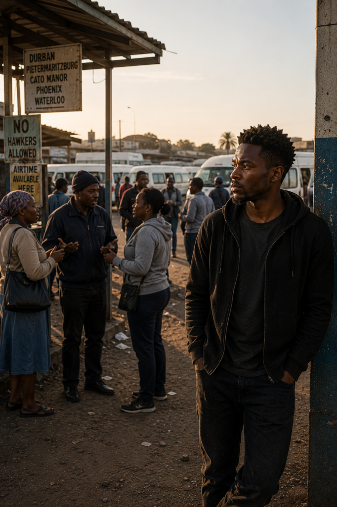 South African taxi rank scene where everyday conversations reveal inherited patterns of survival and repetition
