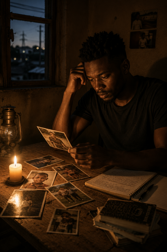 Young South African man reflecting on old memories during load shedding as forgotten parts of himself return