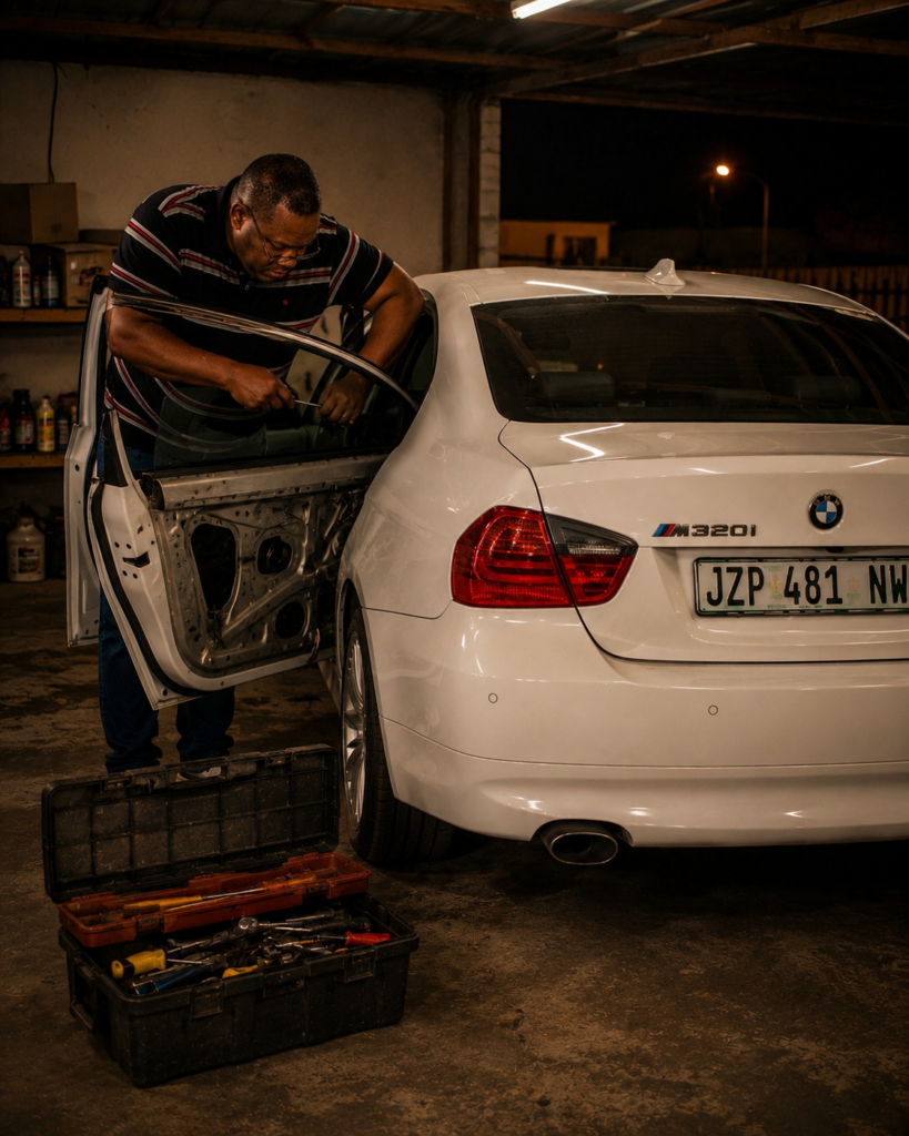 What My Father Passed Down: Father repairing a white BMW E90 in a garage using patience, learning and self-reliance
