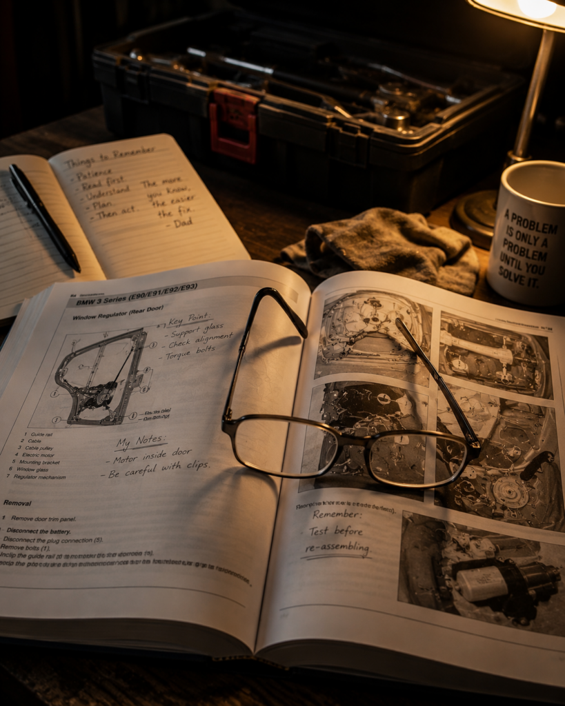 What My Father Passed Down: Reading glasses resting on a repair manual symbolising learning before taking action