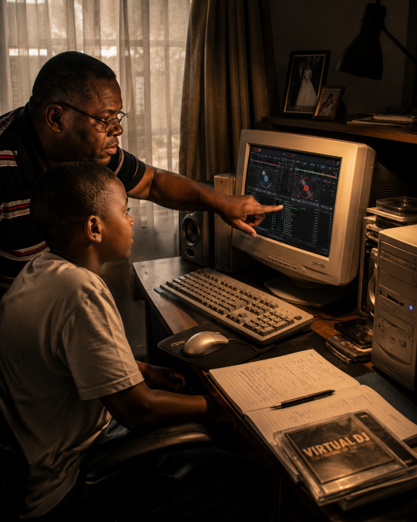 What My Father Passed Down: Father teaching his son computer and DJ skills during an early South African family moment