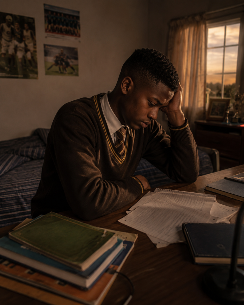  Young man reflecting on academic pressure, expectations and self-comparison after reviewing school marks