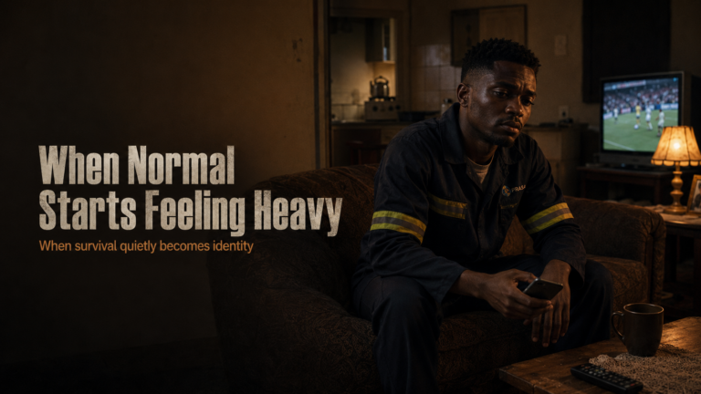 When Normal Starts Feeling Heavy: exhausted South African worker sitting alone inside a dim township house after work