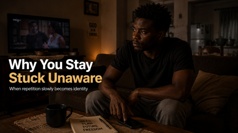 Why You Stay Stuck Unaware showing a South African man sitting quietly in a familiar evening routine as life slowly repeats itself