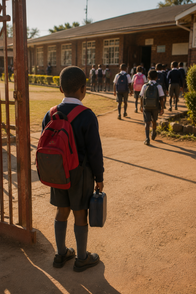  A young Xhosa Grade 1 boy entering an unfamiliar primary school for the first time in Orkney, North West Province.