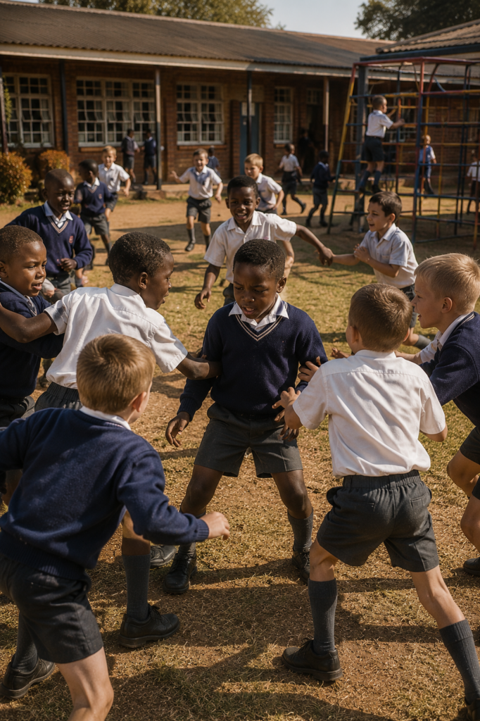 A captures playful childhood rivalries and friendships during school break time in a South African primary school.