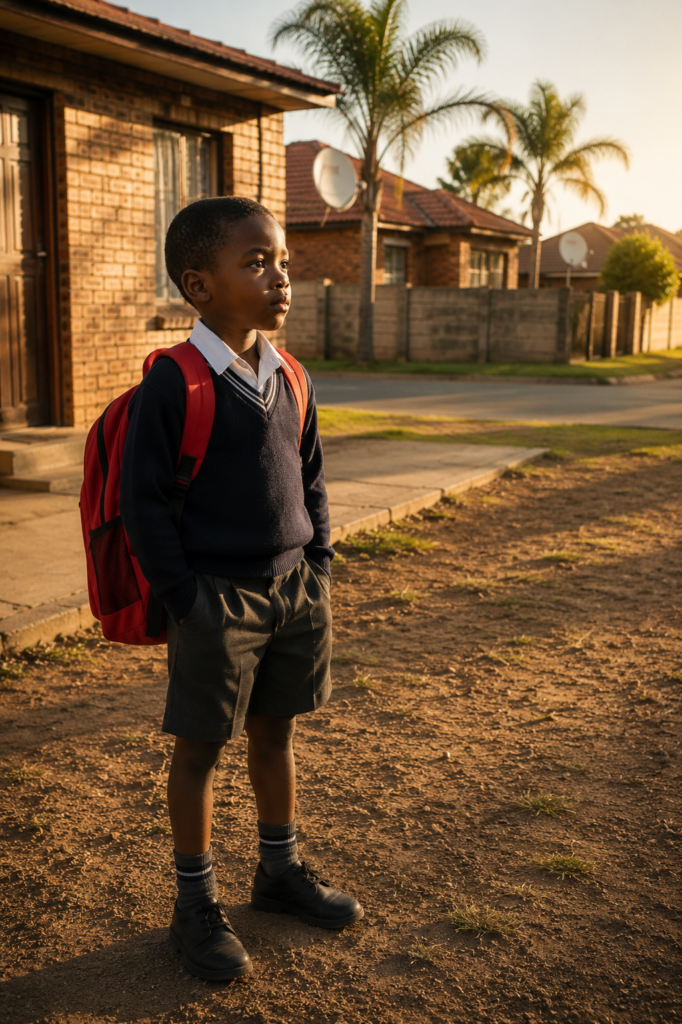The First Battle begins before school as a young Xhosa Grade 1 boy stands outside his suburban family home in Orkney, North West Province, carrying a red school bag and preparing for his first day of school.