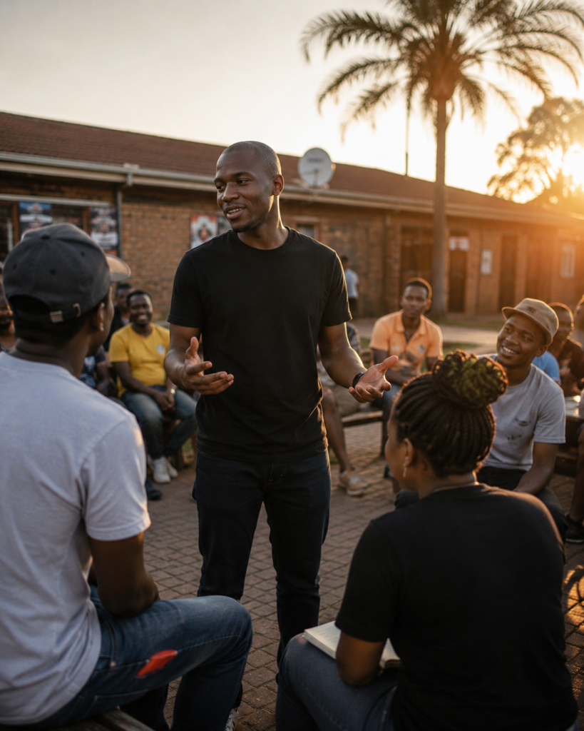 depicting a young South African man becoming more expressive and alive in a different social environment.
