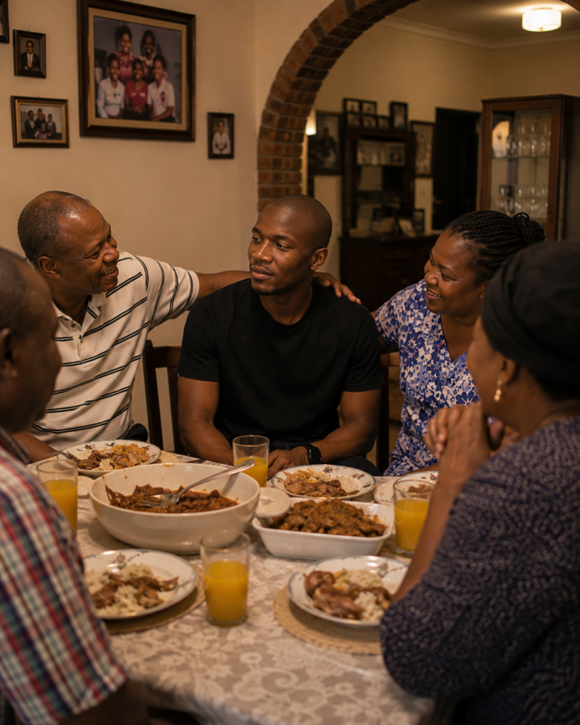 The Version They Needed illustrating a young South African man receiving approval and encouragement from family members.