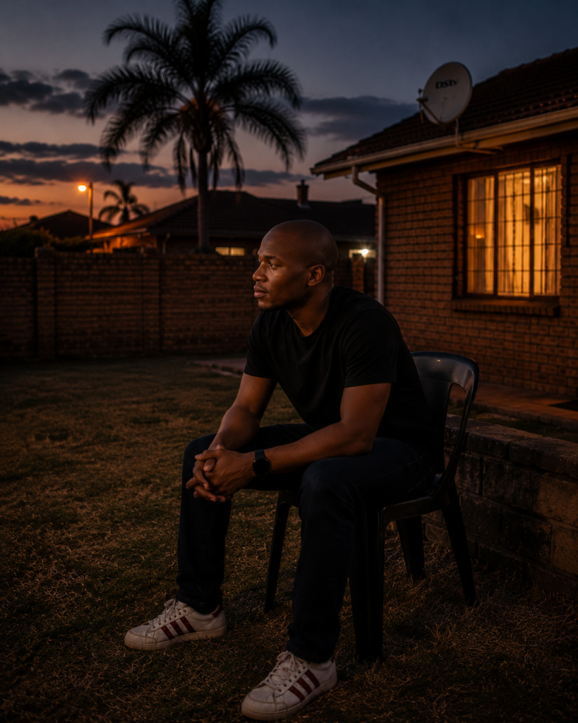 The Version They Needed showing a young South African man sitting alone in quiet reflection in a suburban backyard.