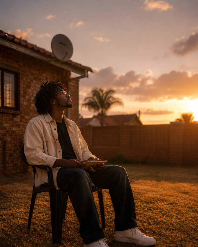 Young Black South African man sitting in an Orkney suburban backyard at sunset holding a notebook while experiencing the first feeling of possibility and freedom.