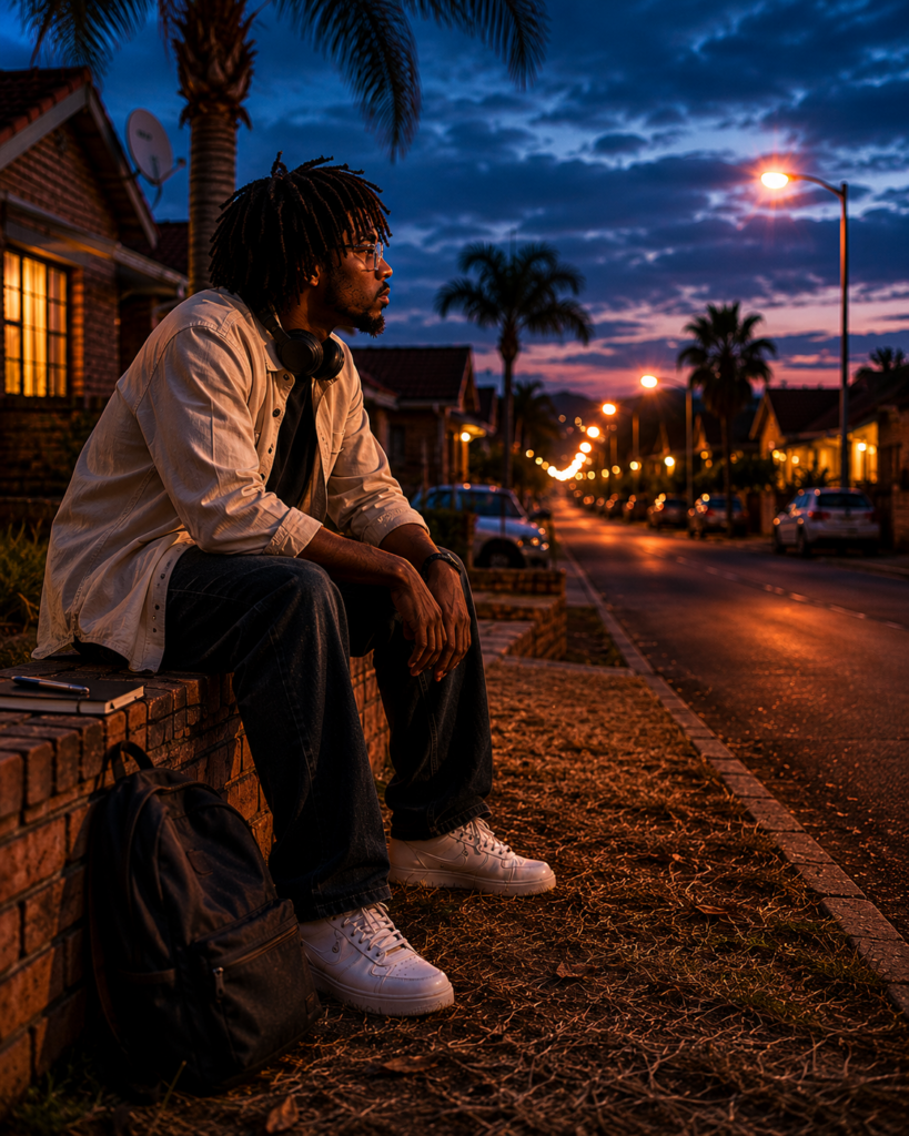 Waiting For Permission — young Black South African man sitting alone on a suburban boundary wall in Orkney during winter blue hour reflecting on a moment that never truly left him.