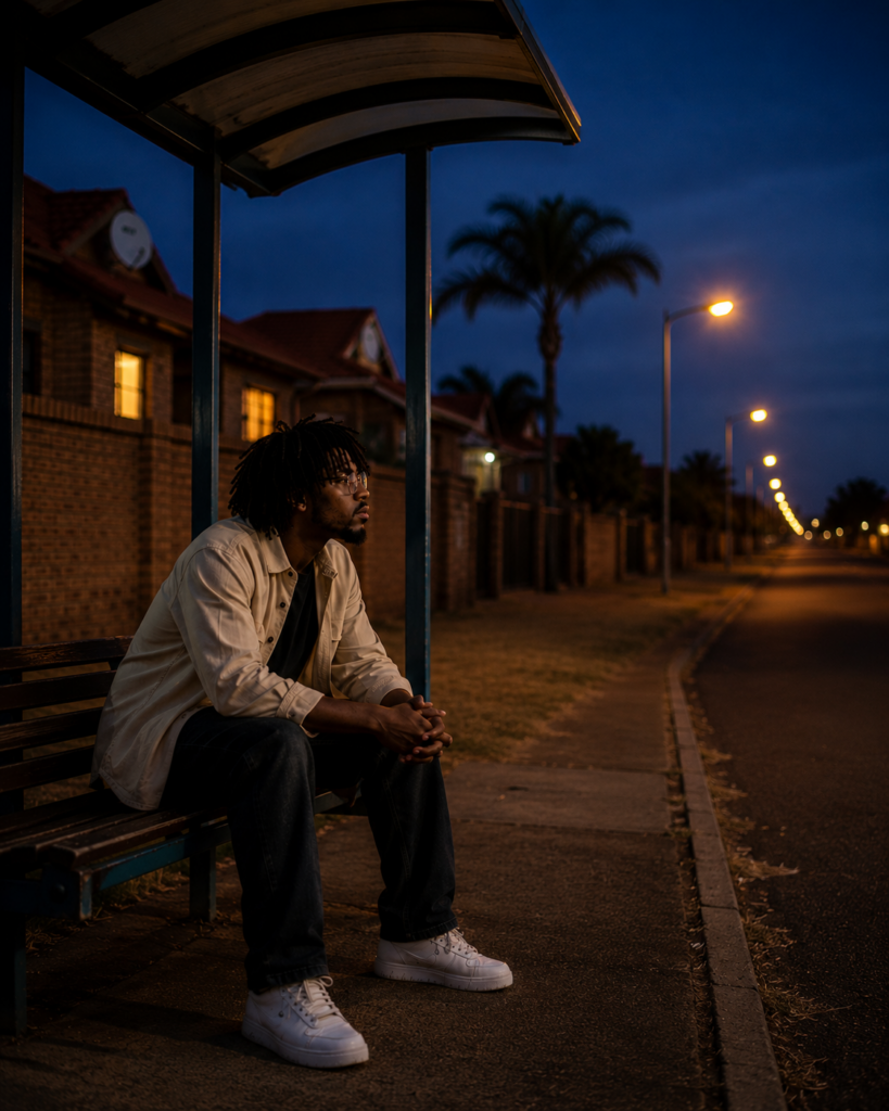 young Black South African man sitting alone at a suburban bus stop in Orkney during winter blue hour, quietly reflecting on postponed action and suspended possibility.