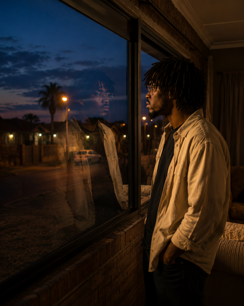 Waiting For Permission — young Black South African man standing beside a window inside a suburban Orkney home, reflecting on time passing unnoticed and familiar routines.