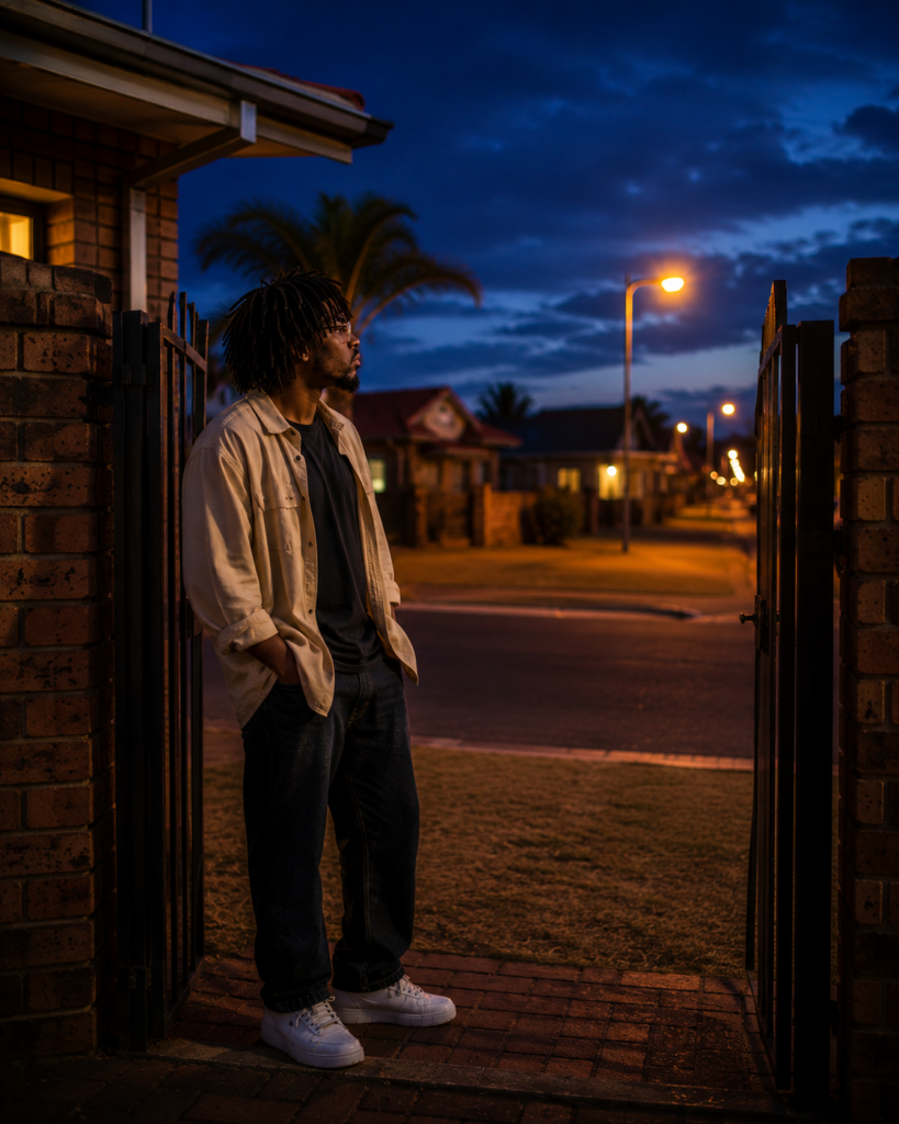 Waiting For Permission — young Black South African man standing in the open gateway of a suburban Orkney home during blue hour, recognising that permission was never required.