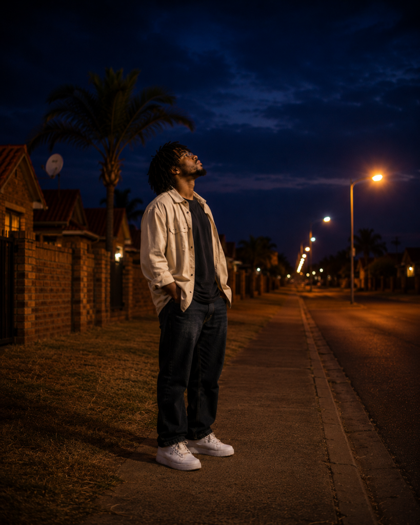 Young Black South African man standing alone on a quiet suburban pavement in Orkney during winter night, reflecting on identity, responsibility and the permission he was waiting for.