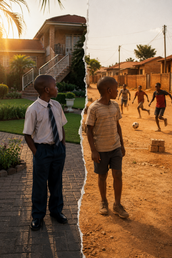 Living Between Worlds showing young Mpumelelo navigating different social and economic worlds beyond the classroom