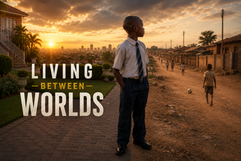 Living Between Worlds hero image showing young Mpumelelo standing between two worlds in Orkney, South Africa during his private school journey