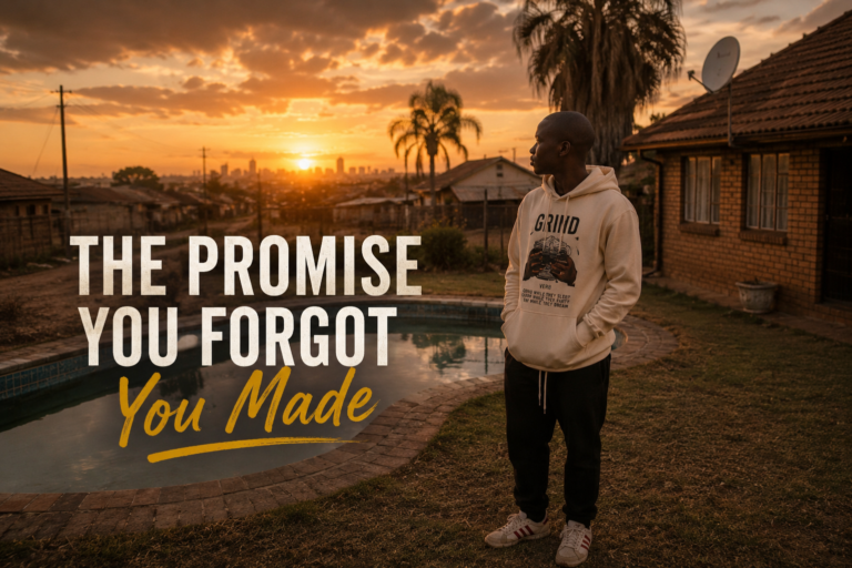 The Promise You Forgot You Made showing a young South African man reflecting alone in an Orkney suburban backyard at winter sunset.