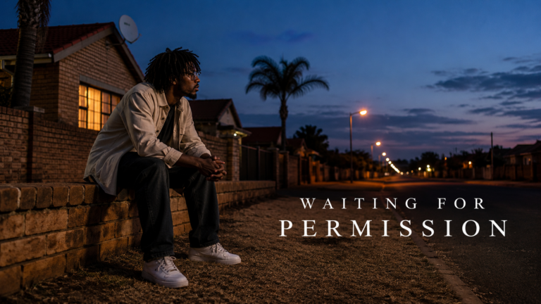Young Black South African man sitting alone on a suburban boundary wall in Orkney, North West Province during winter blue hour, reflecting on identity and the experience of waiting for permission.