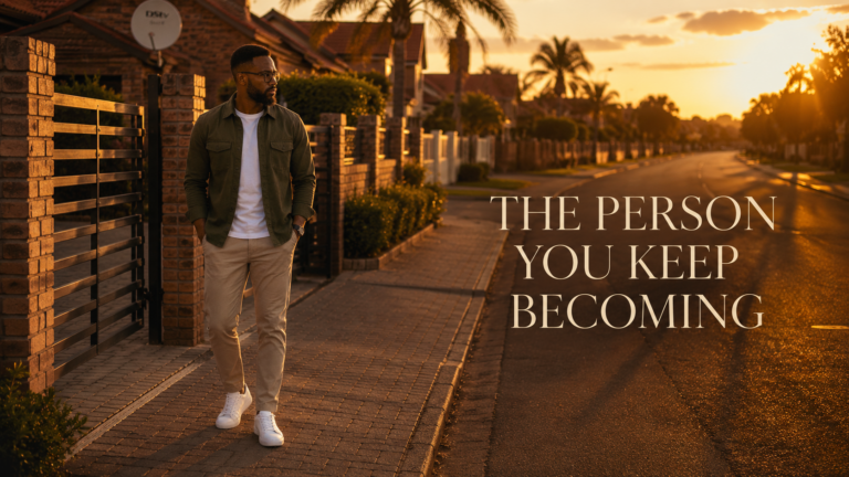 The Person You Keep Becoming – Black South African man standing outside his suburban home during golden hour in quiet reflection.
