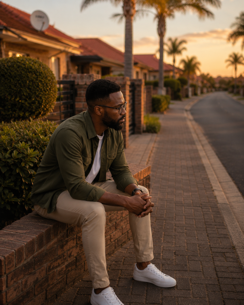 Black South African man sitting on a face-brick wall outside his suburban home, quietly reflecting during late afternoon.