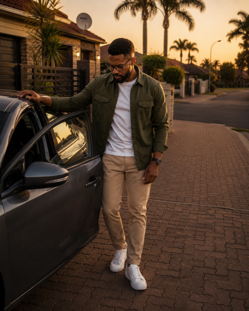 The Person You Keep Becoming – Black South African man standing beside his parked car in a suburban driveway during golden hour.