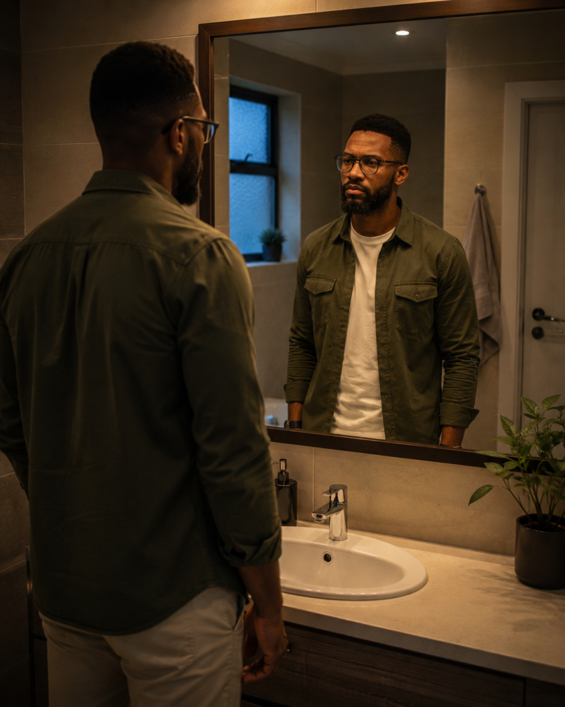 Black South African man quietly looking at his reflection in a modern suburban bathroom mirror at blue hour.