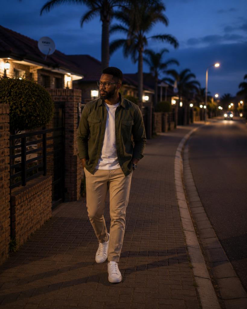 The Person You Keep Becoming – Black South African man walking alone along a quiet suburban pavement during early blue hour.