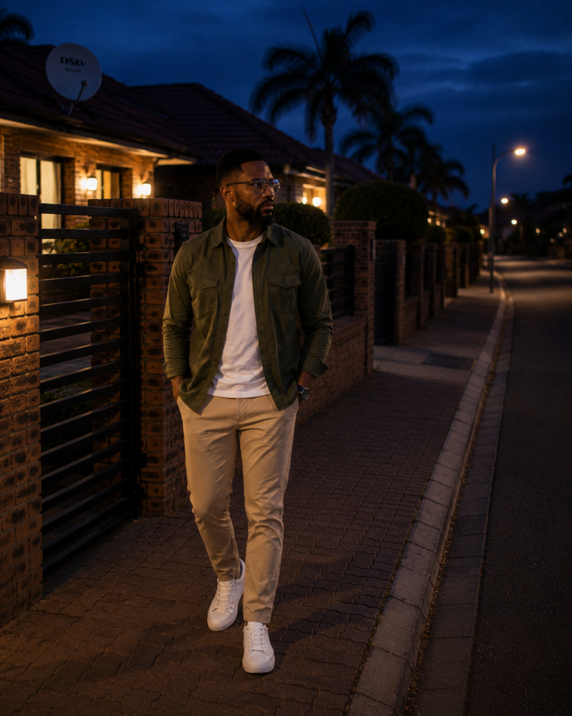 Black South African man standing outside his closed front gate at deep blue hour, quietly reflecting on the person he has become.