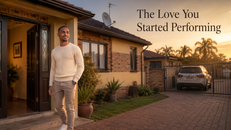 The Love You Started Performing — young South African man standing outside his suburban home during golden hour before losing his authentic identity