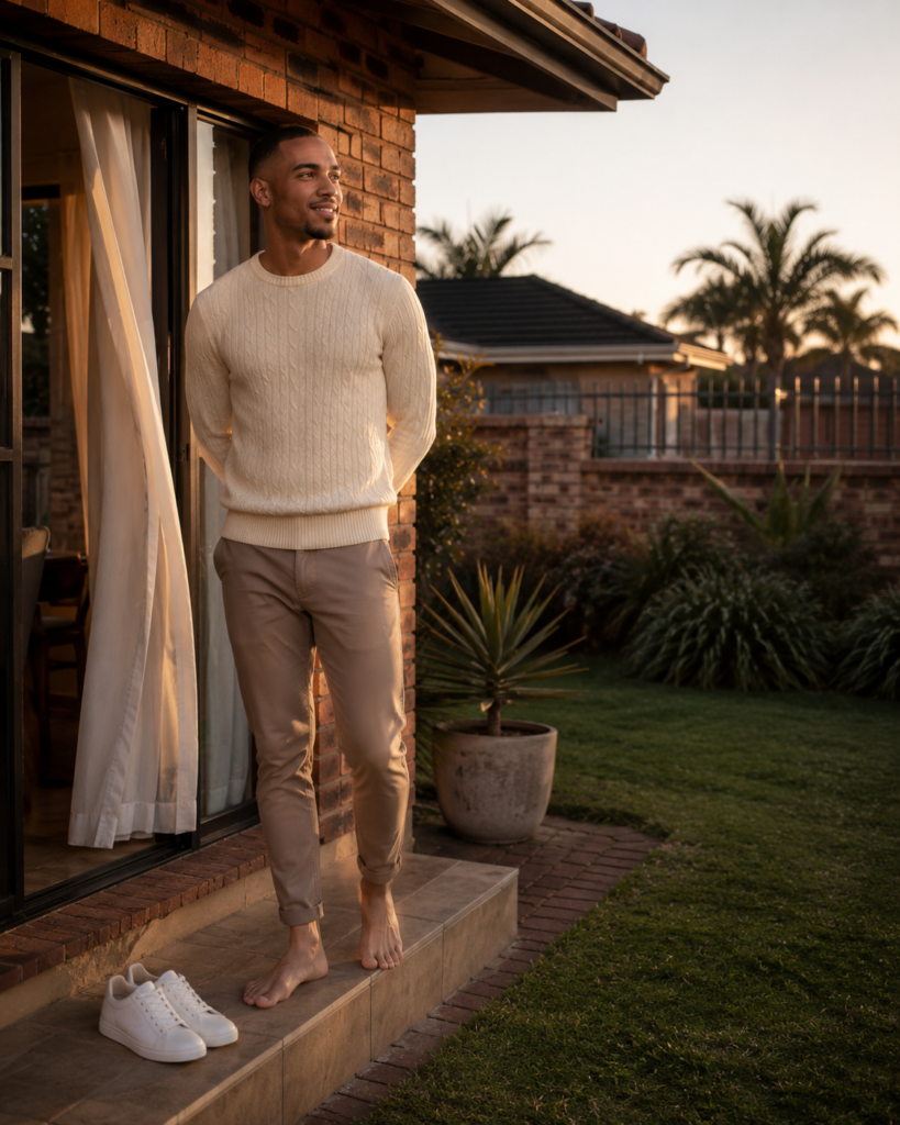 Young South African man enjoying a peaceful evening alone in the backyard before sacrificing parts of himself for acceptance