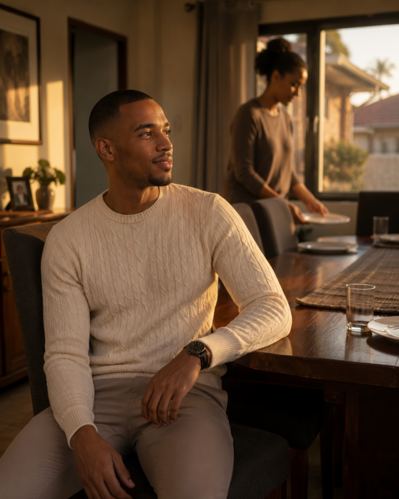 The Love You Started Performing — young South African man sitting quietly at the dining table during an ordinary family evening