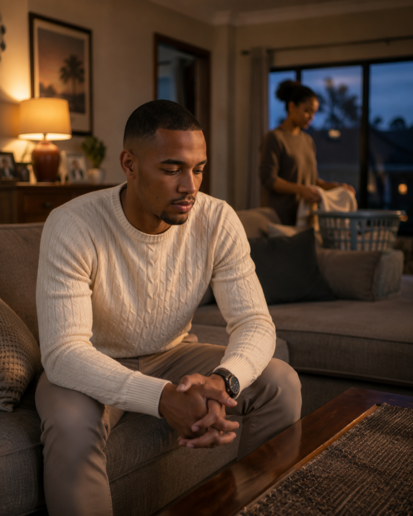 The Love You Started Performing — young South African man sitting silently in his lounge while everyday family life continues around him