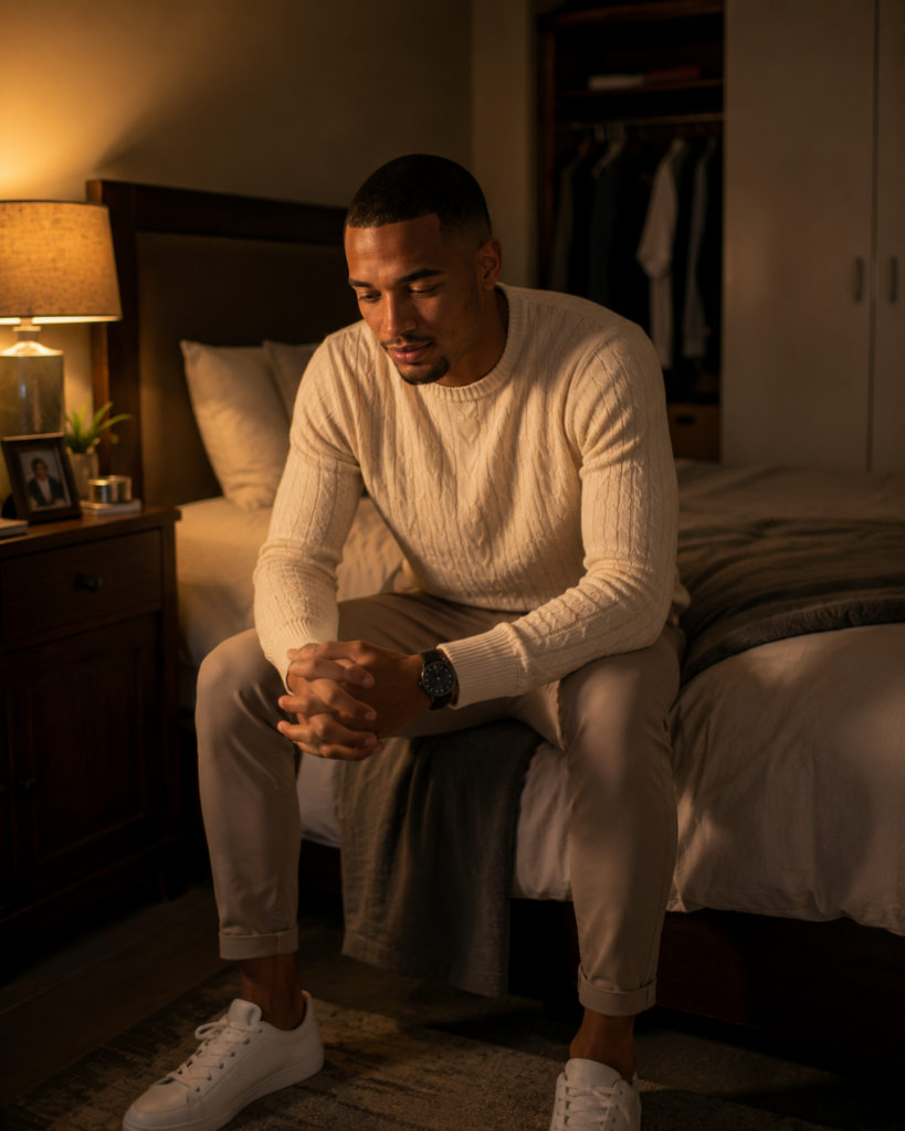 The Love You Started Performing — young South African man sitting alone on the edge of his bed recognising the person he slowly stopped becoming