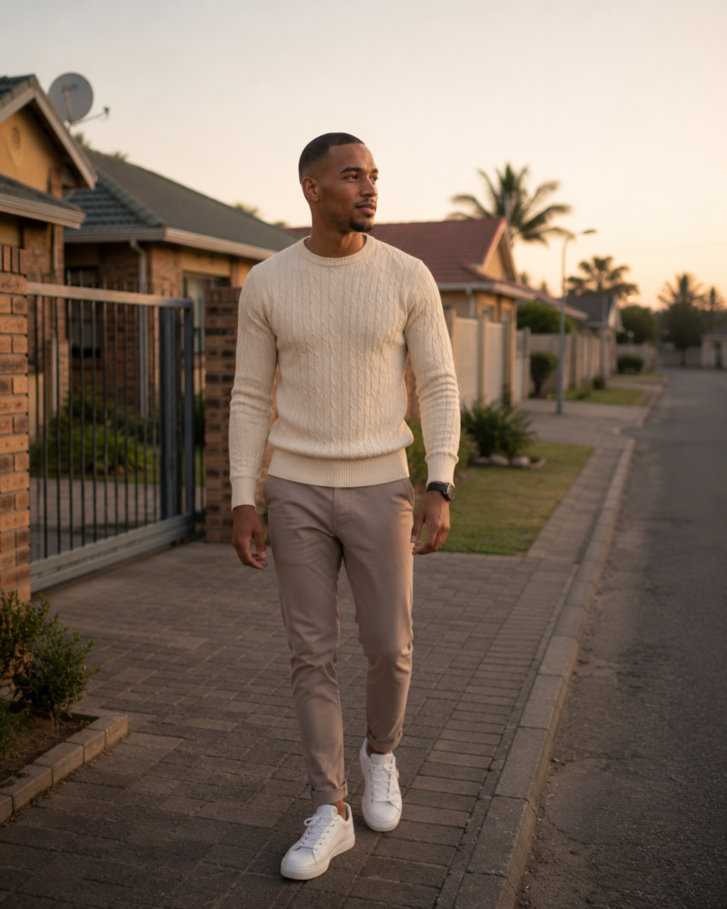 The Love You Started Performing — young South African man stepping into a quiet suburban morning with renewed self-recognition and acceptance