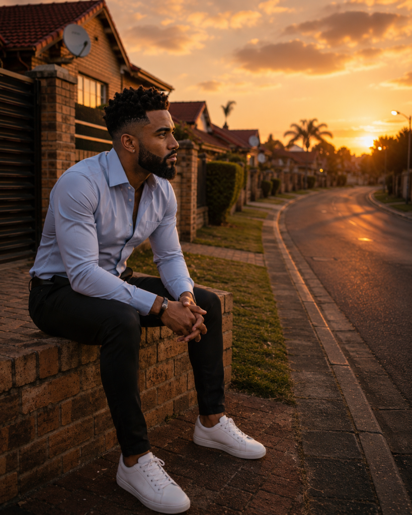 South African man sitting quietly on a suburban wall during sunset recognising the first moment something changed