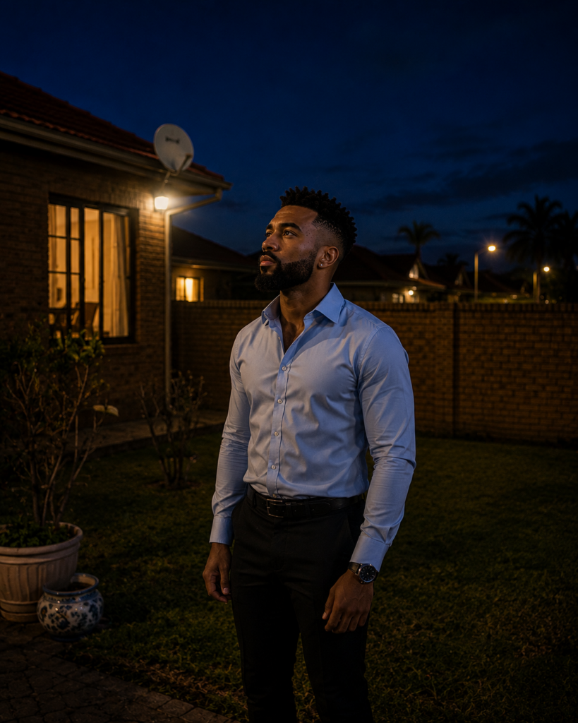 The Truth You Already Knew conclusion image showing a South African man standing alone in his backyard at night after accepting a truth he always knew