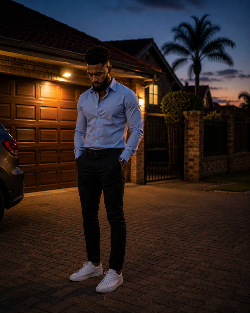 South African man standing alone in his suburban driveway after returning home and confronting the private version of himself