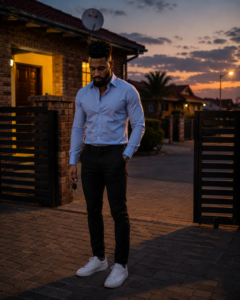 South African man standing alone in his driveway at blue hour after arriving home and avoiding a truth he already recognises