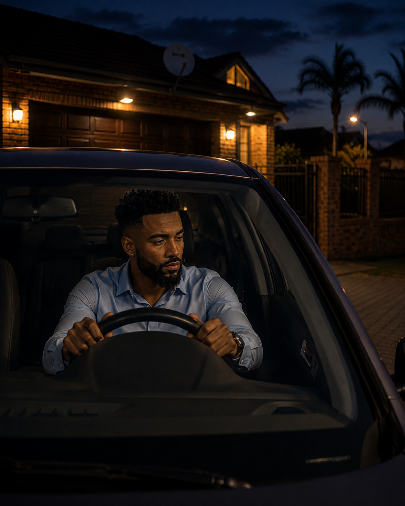 South African man sitting silently inside his parked car at night after unexpectedly confronting a familiar truth