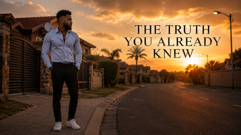 The Truth You Already Knew hero image showing a reflective South African man standing alone in an upper-middle-class suburban neighbourhood during sunset