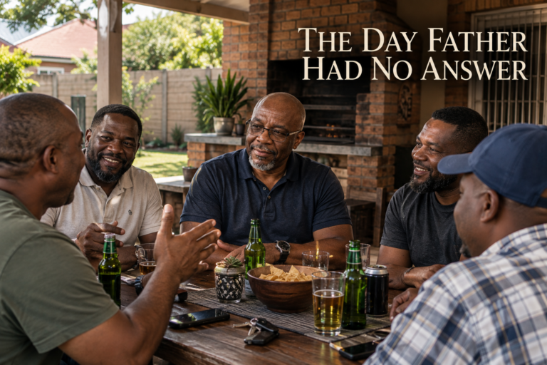 Father Had No Answer among his friends at a relaxed South African suburban braai gathering.