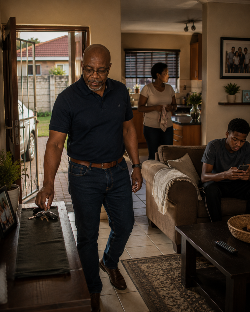 South African father arriving home to his family as their ordinary evening continues unchanged.