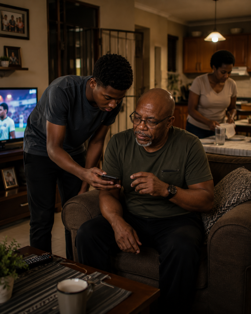 A South African dad earlier, while his family still turns to him for guidance during an ordinary evening.