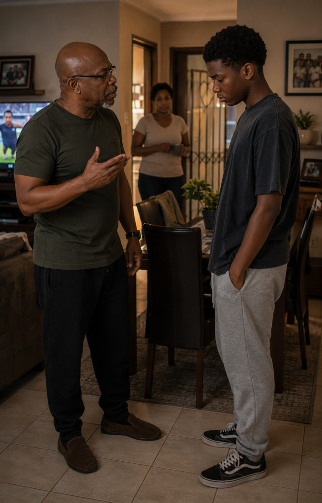 South African father speaking sharply to his teenage son during a quiet conversation at home.