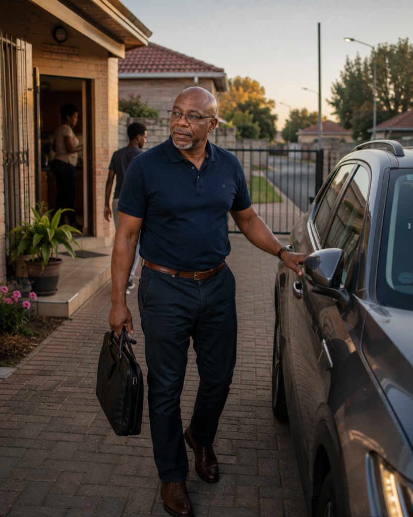  as a south african dad pauses beside his car before leaving his South African family home for work.