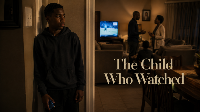 The Child Who Watched teenage boy quietly listening from a bedroom doorway inside a South African suburban family home during an ordinary evening.
