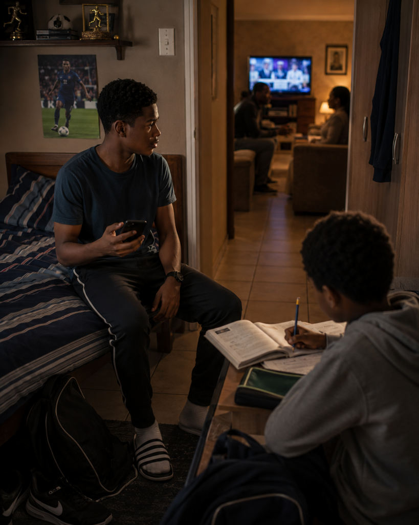 The Child Who Watched Black South African teenager stops texting and quietly listens while his younger sibling continues homework in their bedroom.