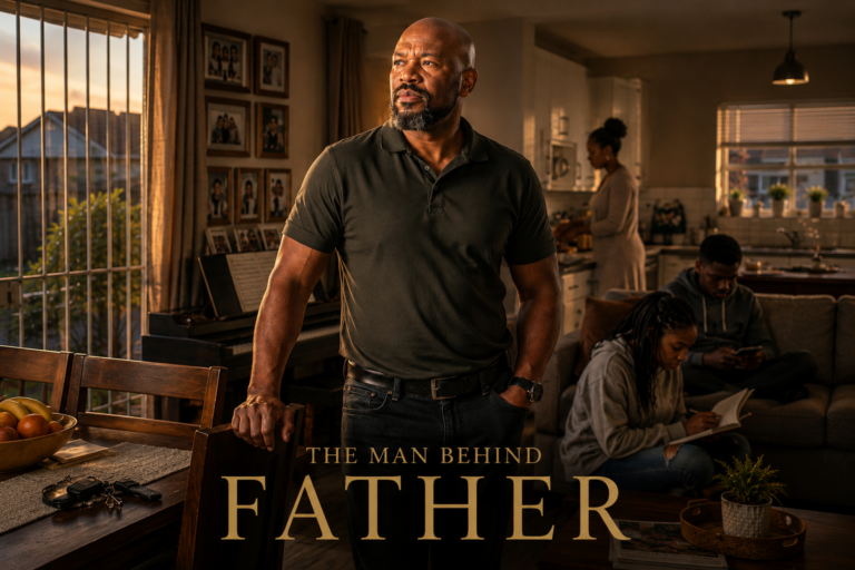 The Man Behind Father standing thoughtfully inside his South African family home as everyday family life continues around him.